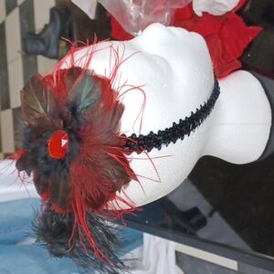Vintage Fascinator Hat for Women Feather Black & Red, 2 pc